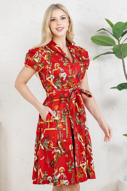 WESTERN PRINT COTTON DRESS - RED