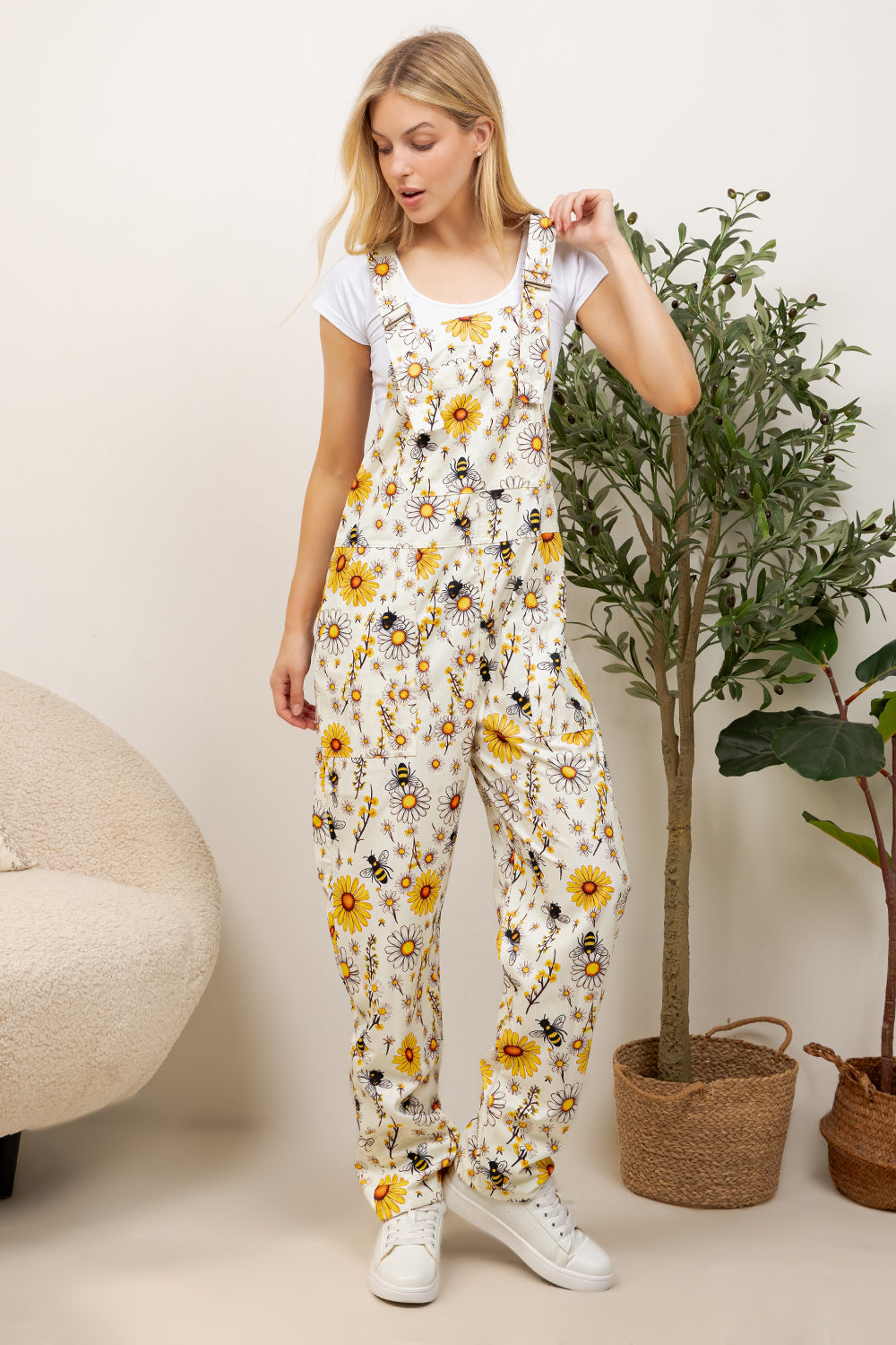 Flower Garden With Bee Print Overall