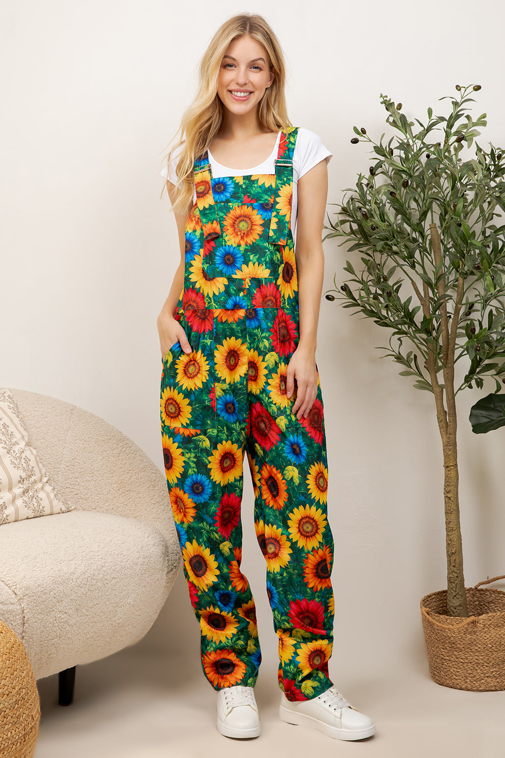 Colorful Sunflower Print Overall