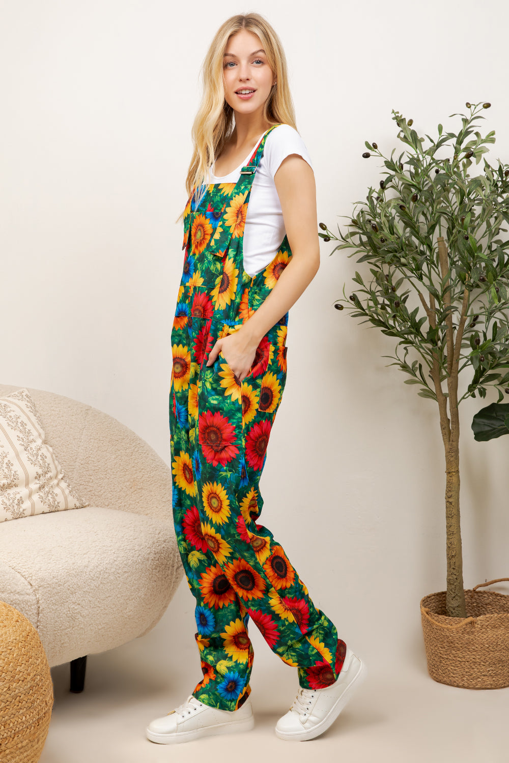 Colorful Sunflower Print Overall