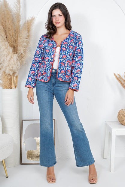 Floral Quilted Cotton Jacket - BLUE