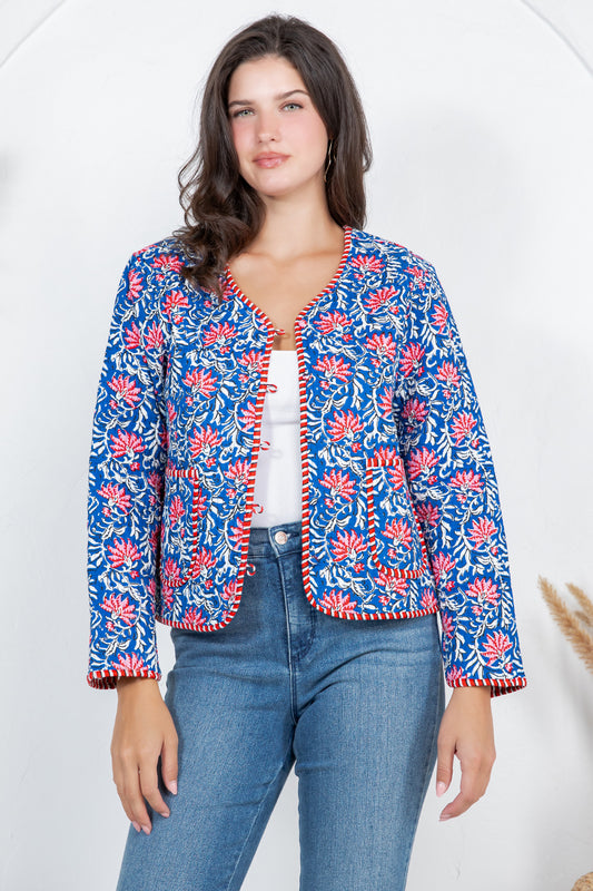 Floral Quilted Cotton Jacket - BLUE