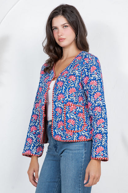 Floral Quilted Cotton Jacket - BLUE