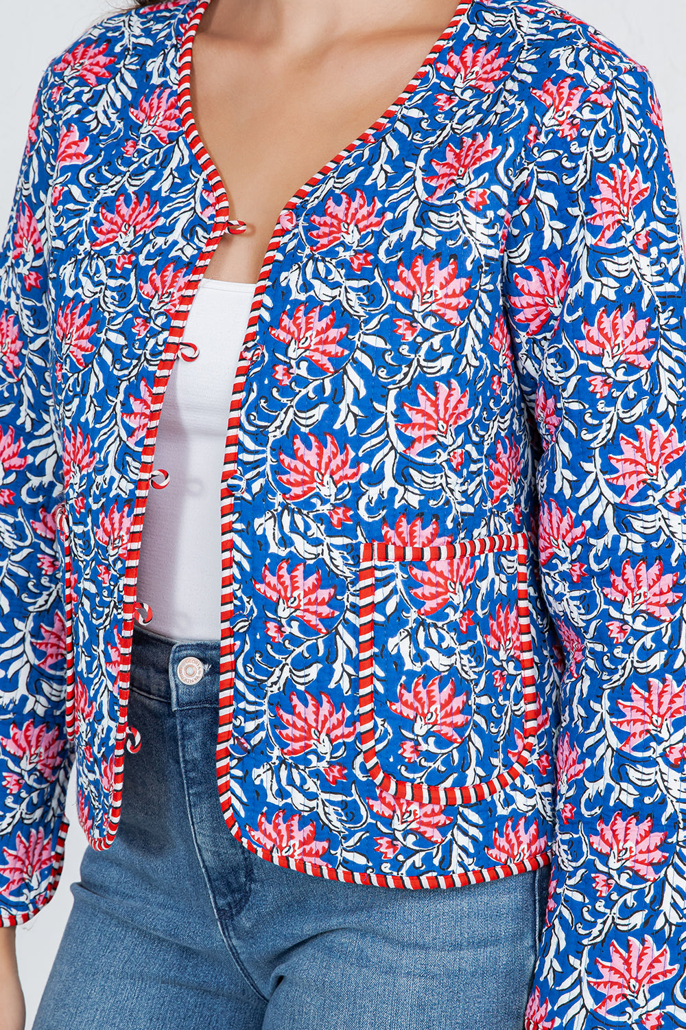 Floral Quilted Cotton Jacket - BLUE
