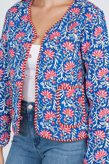 Floral Quilted Cotton Jacket - BLUE