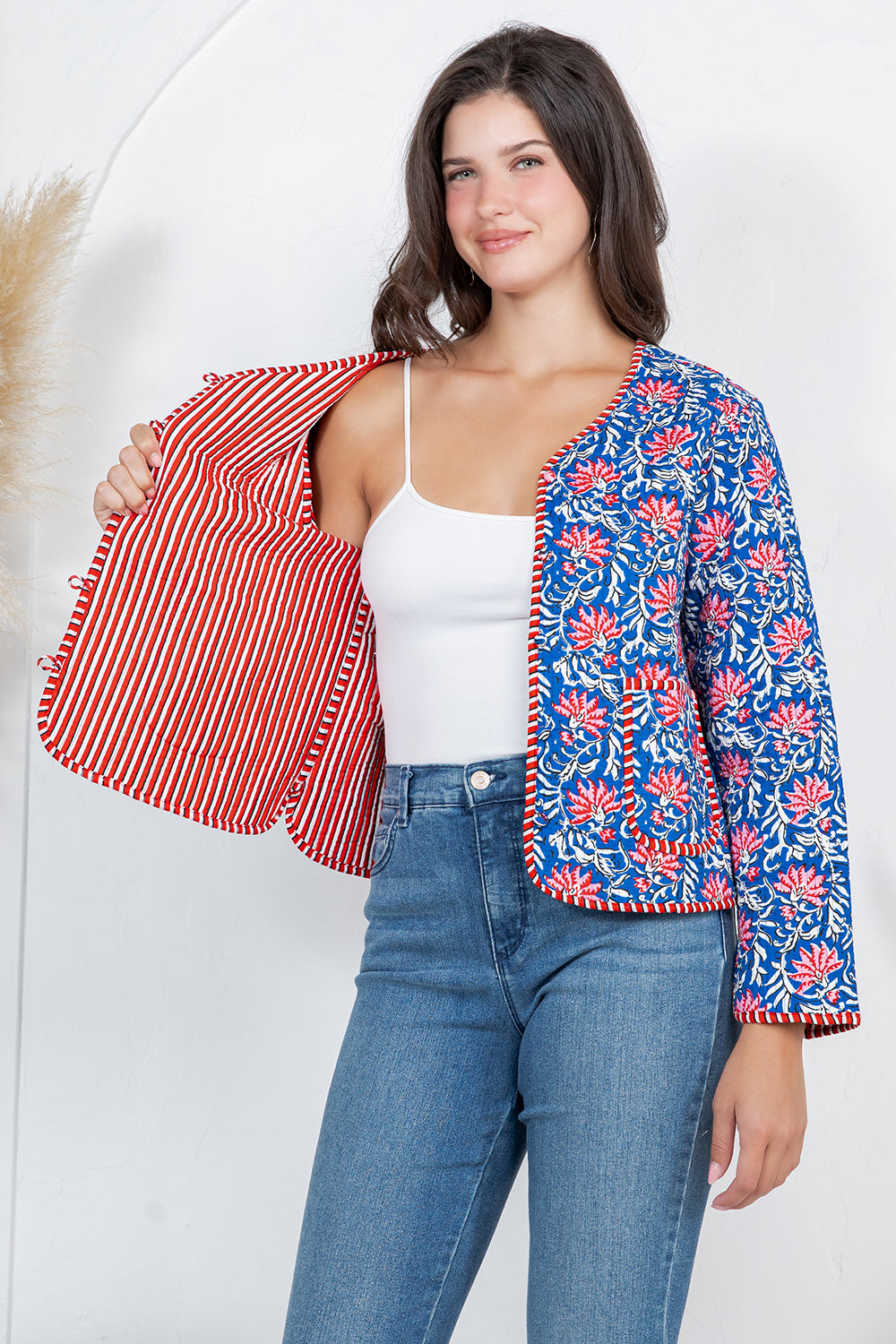 Floral Quilted Cotton Jacket - BLUE