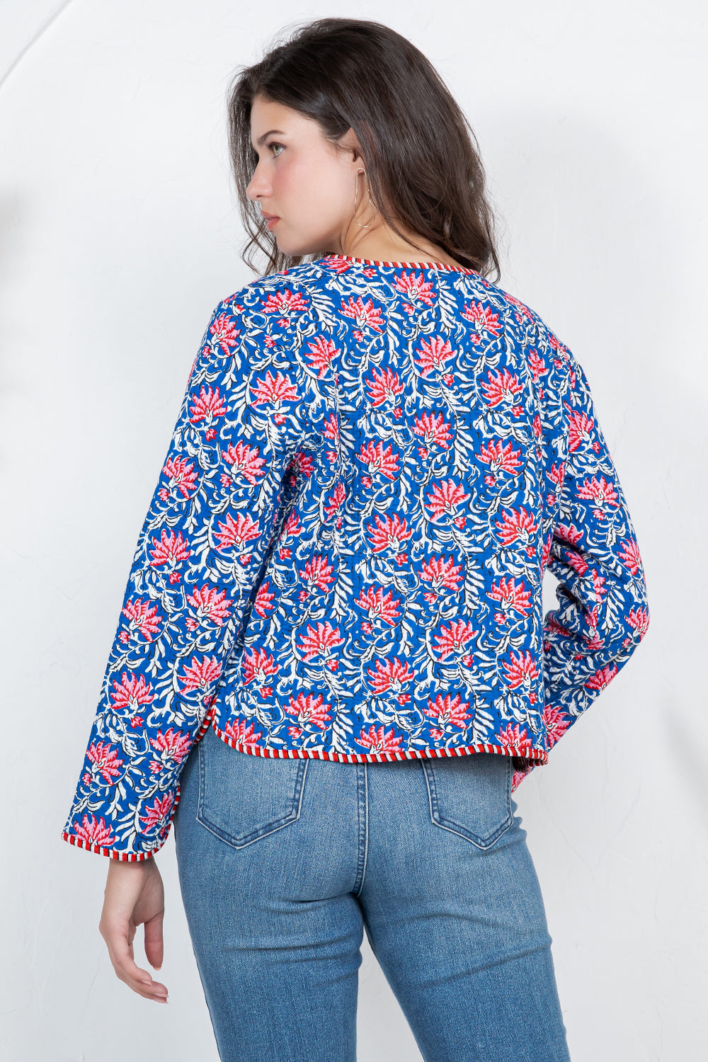Floral Quilted Cotton Jacket - BLUE
