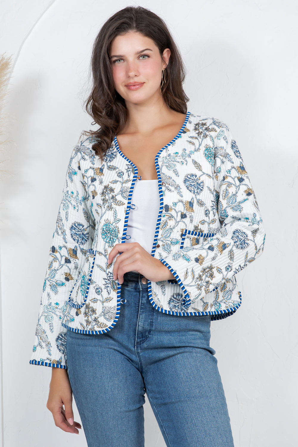 Floral Quilted Cotton Jacket - WHITE