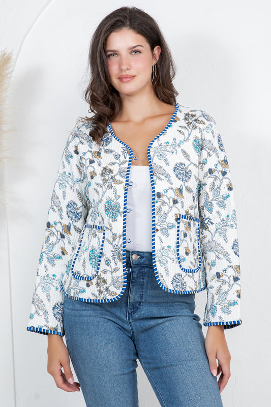 Floral Quilted Cotton Jacket - WHITE