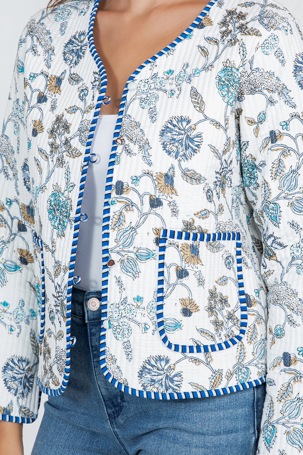 Floral Quilted Cotton Jacket - WHITE