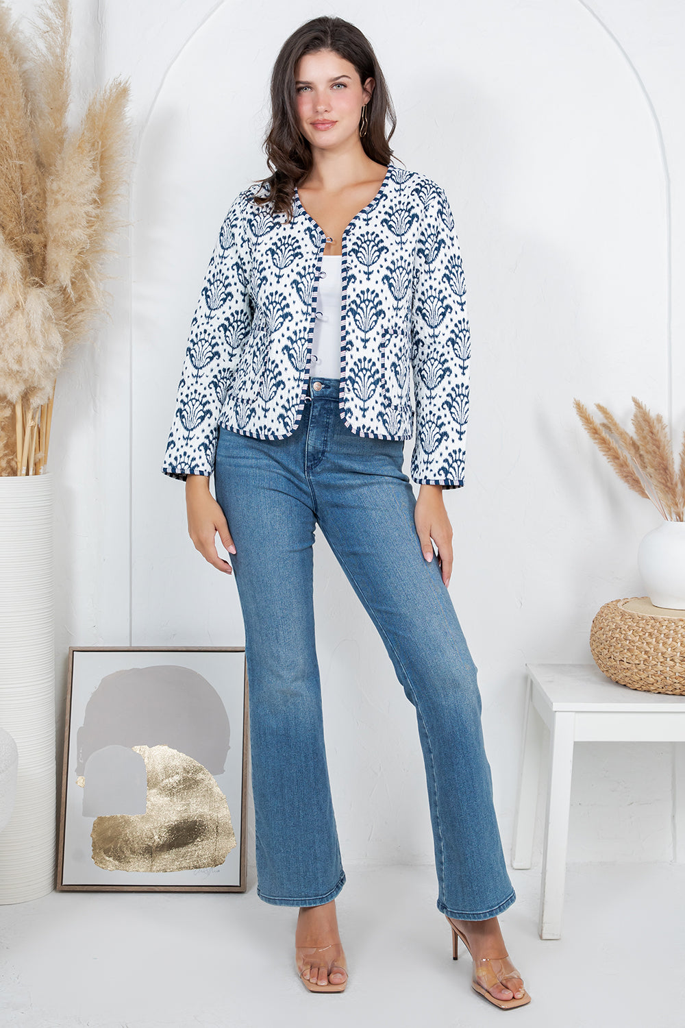 Floral Print Quilted Cotton Jacket - BLUE