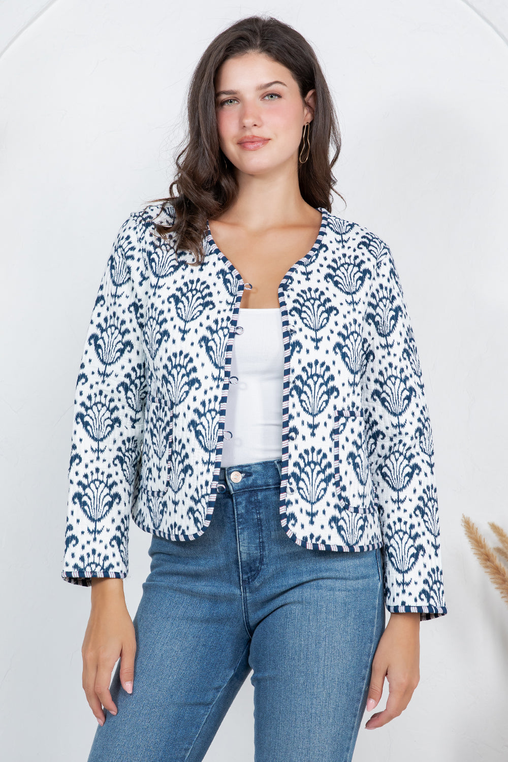 Floral Print Quilted Cotton Jacket - BLUE