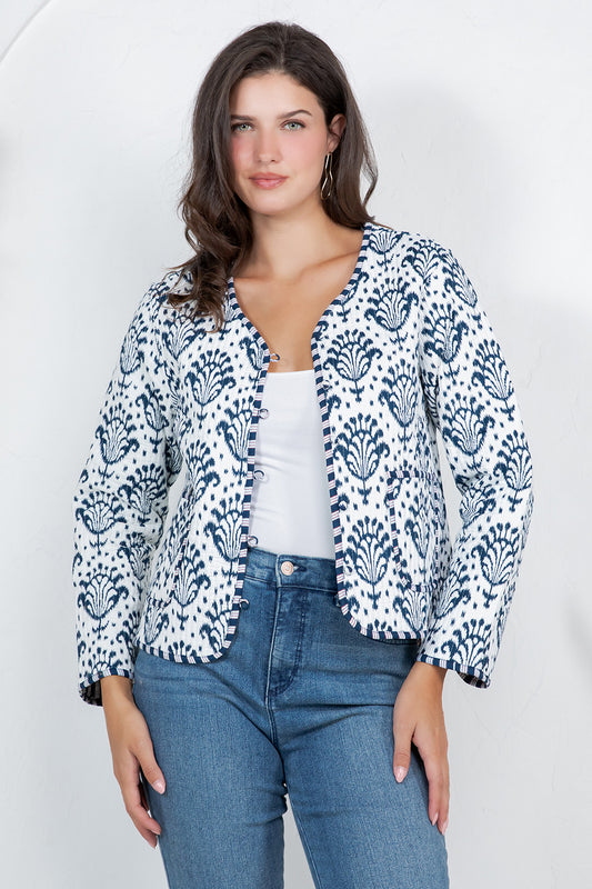 Floral Print Quilted Cotton Jacket - BLUE