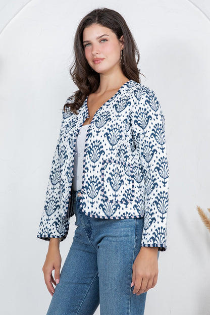 Floral Print Quilted Cotton Jacket - BLUE
