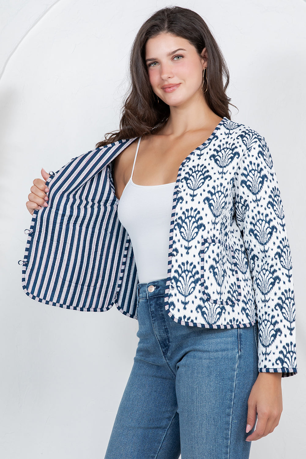 Floral Print Quilted Cotton Jacket - BLUE