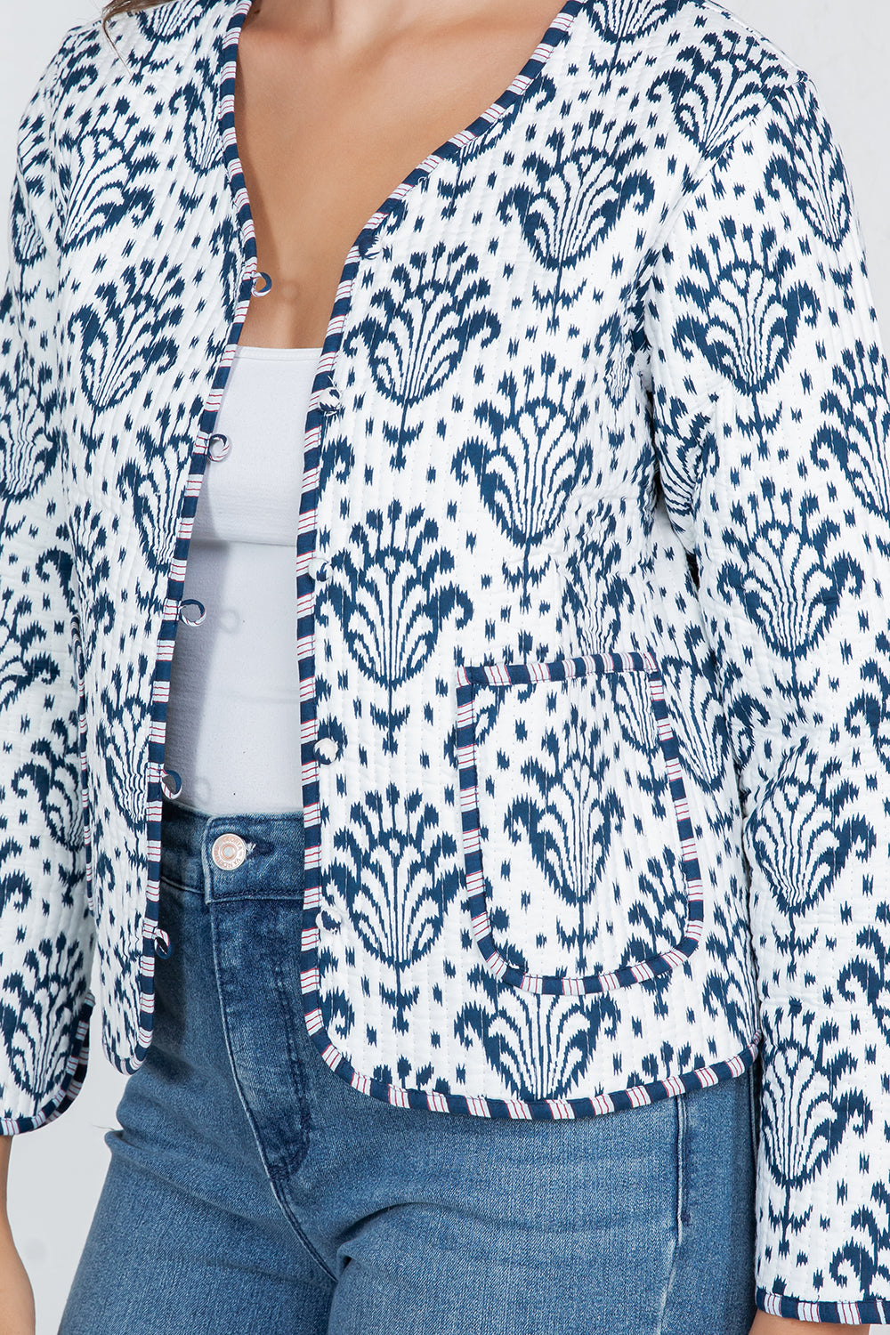 Floral Print Quilted Cotton Jacket - BLUE