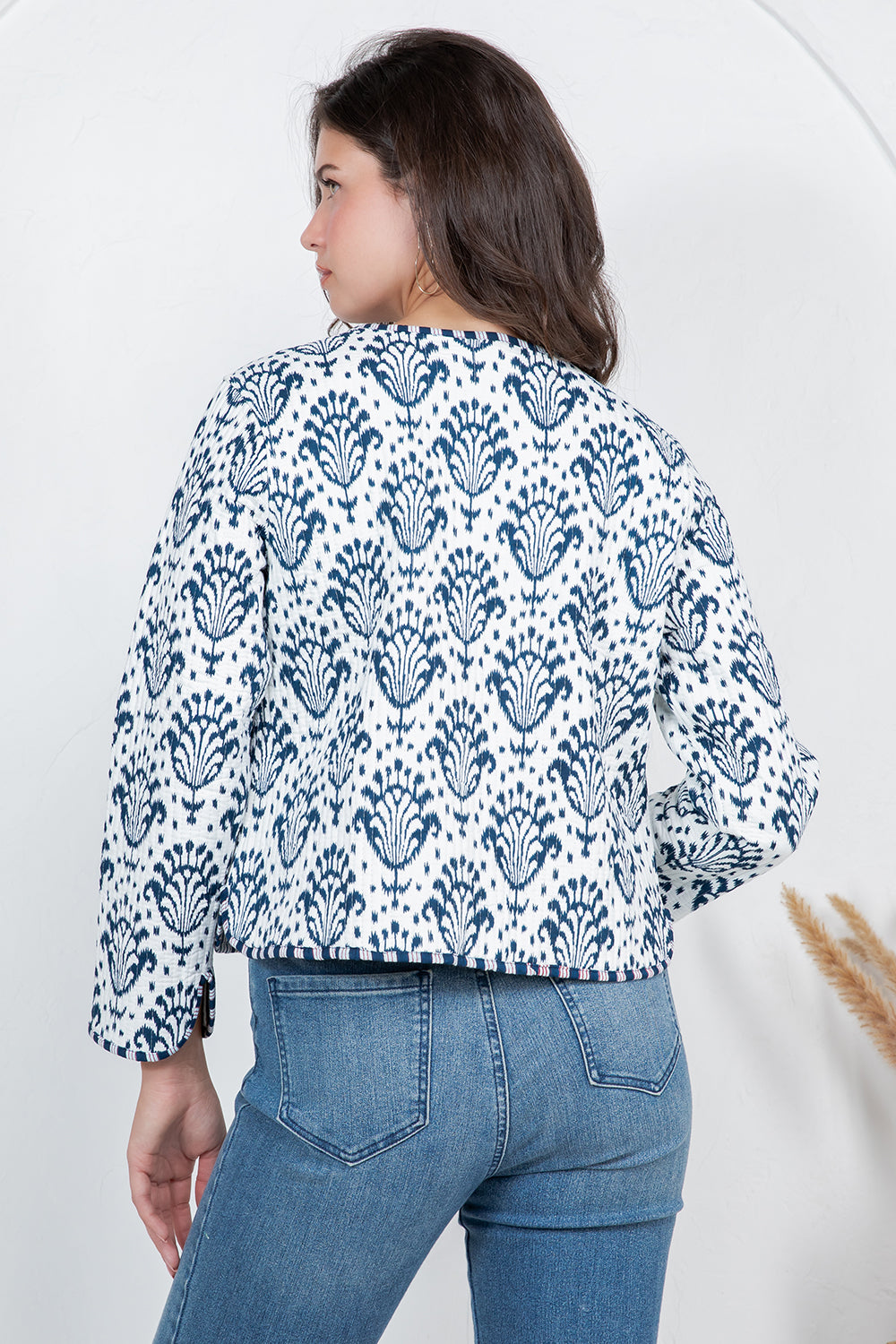 Floral Print Quilted Cotton Jacket - BLUE