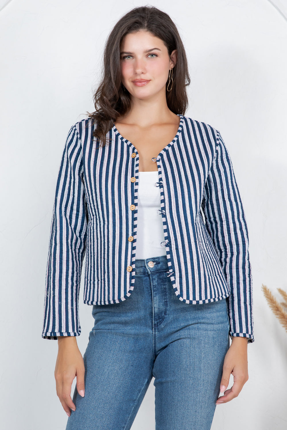 Floral Print Quilted Cotton Jacket - BLUE