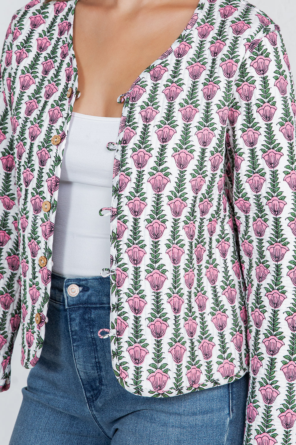 Floral Print Quilted Cotton Jacket - RED
