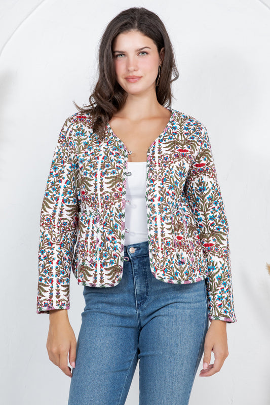 Floral Print Quilted Cotton Jacket - RED