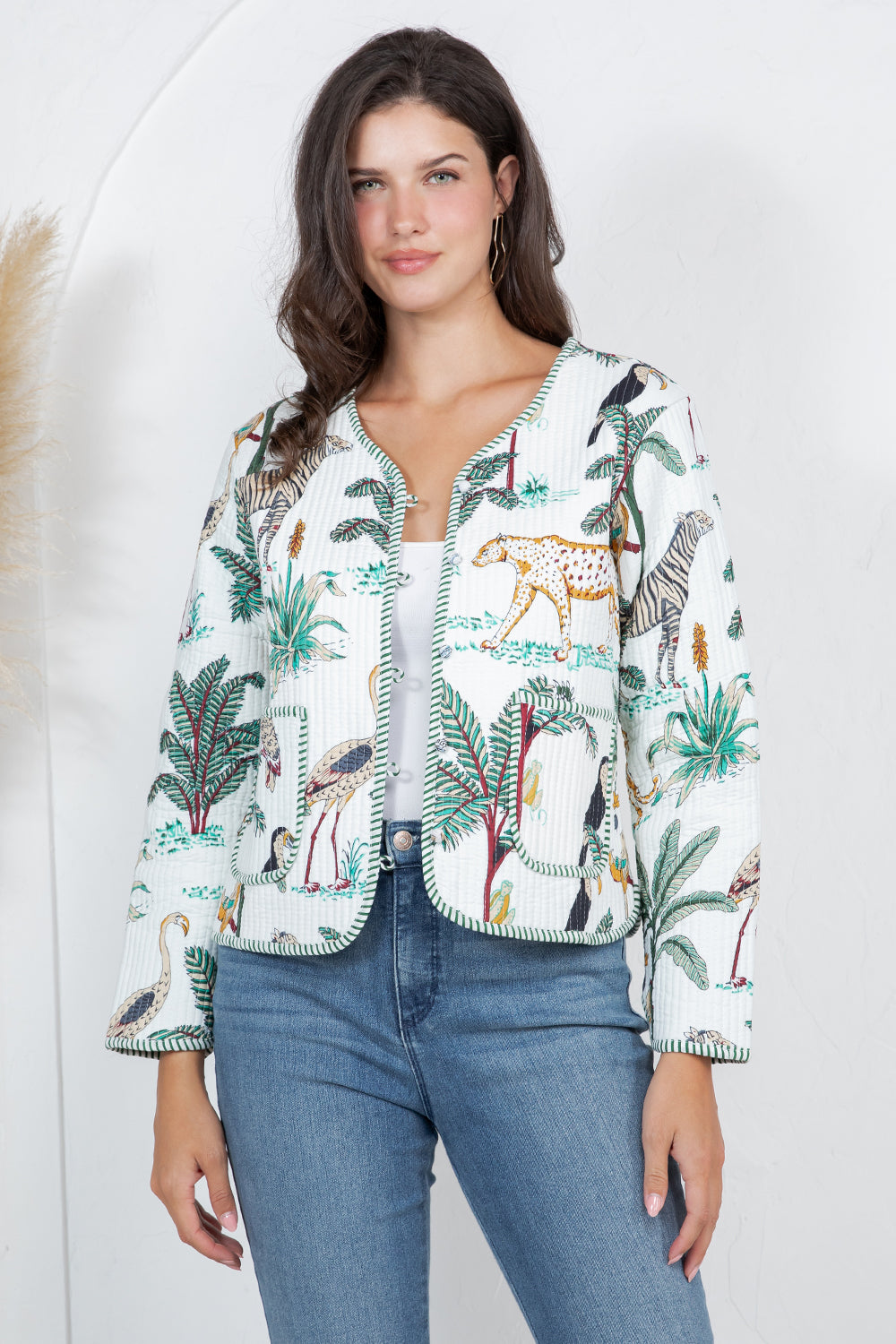 JUNGLE Print Quilted Cotton Jacket - WHITE