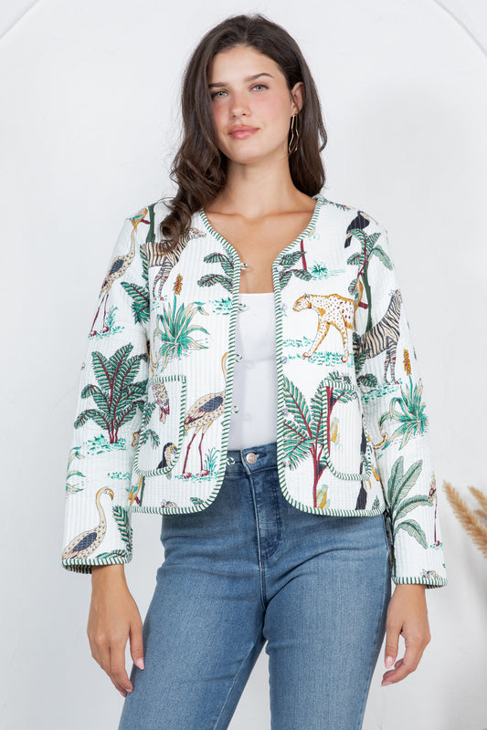 JUNGLE Print Quilted Cotton Jacket - WHITE