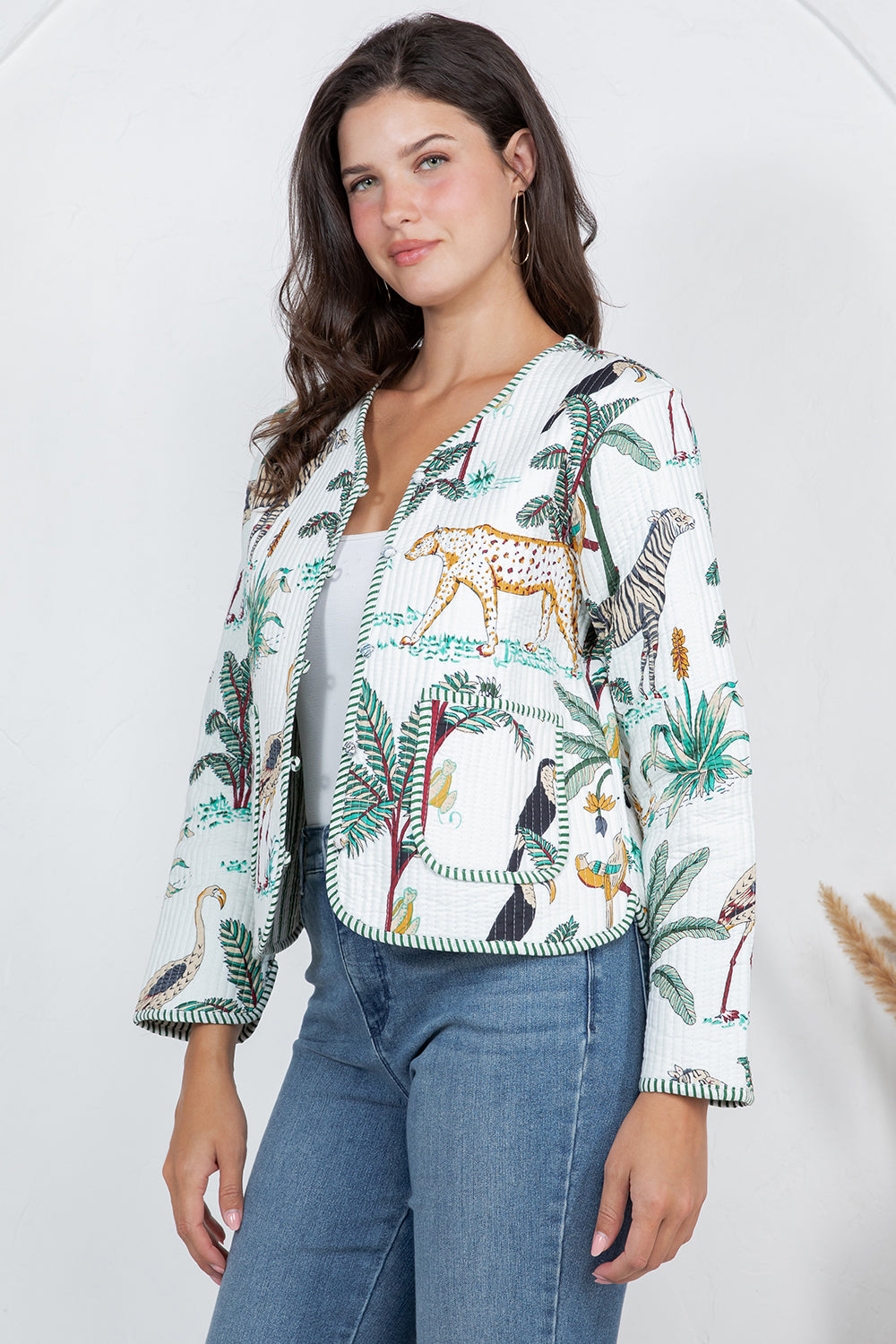 JUNGLE Print Quilted Cotton Jacket - WHITE