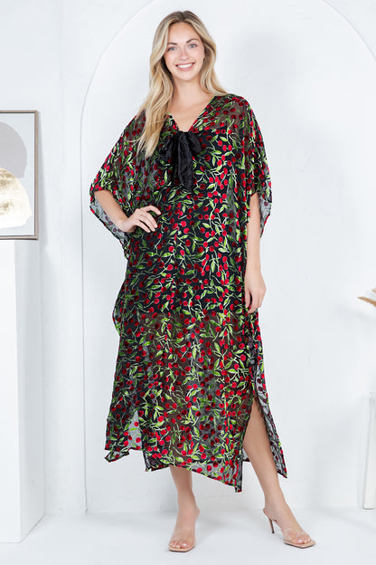 Cherry Burnout Velvet Kaftan Dress