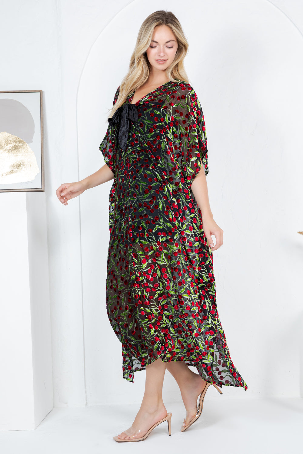 Cherry Burnout Velvet Kaftan Dress