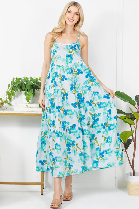 BLUE AND GREEN FLORAL PRINT FLOWY DRESS