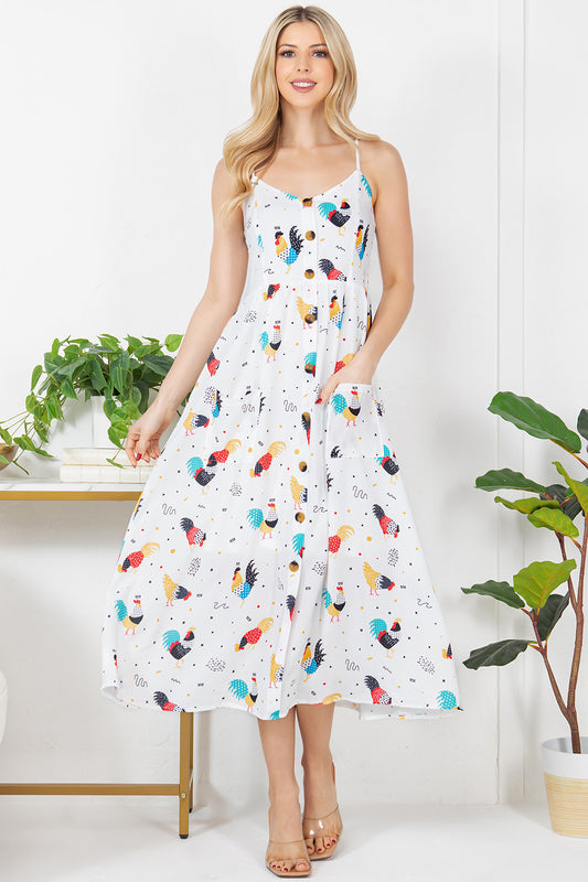 Colorful Rooster Print Cami Maxi Dress