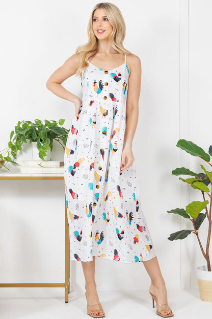 Colorful Rooster Print Cami Maxi Dress