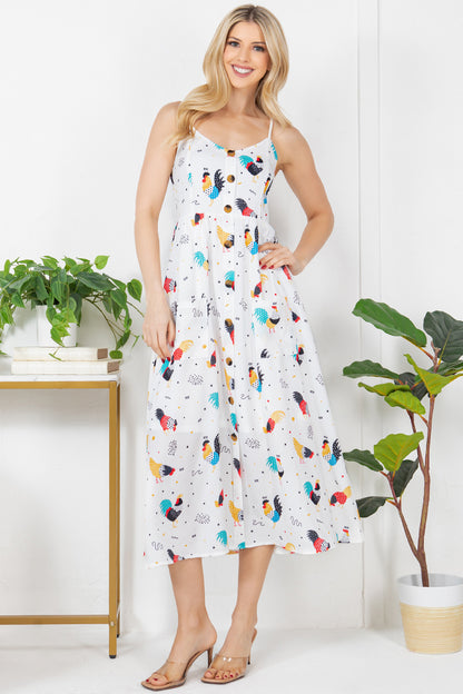 Colorful Rooster Print Cami Maxi Dress