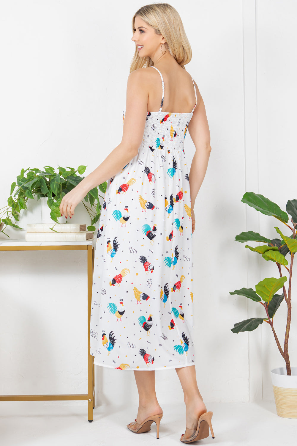 Colorful Rooster Print Cami Maxi Dress