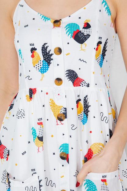 Colorful Rooster Print Cami Maxi Dress