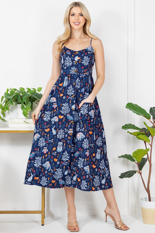 Racoon & Friend Print Cami Maxi Dress