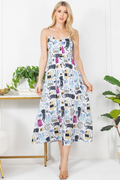 Playful Cat Print Cami Maxi Dress