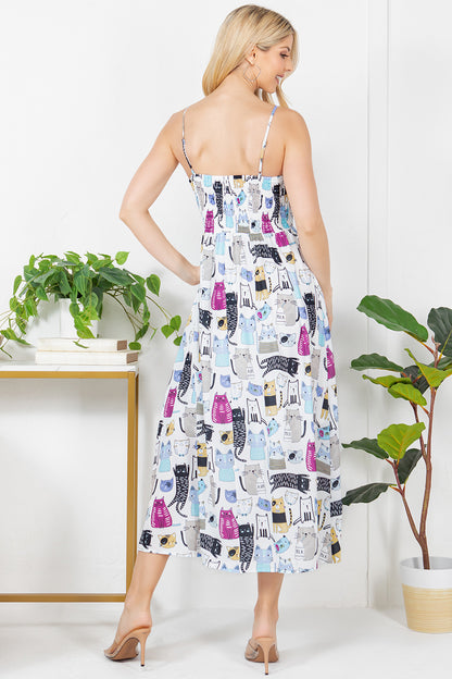 Playful Cat Print Cami Maxi Dress