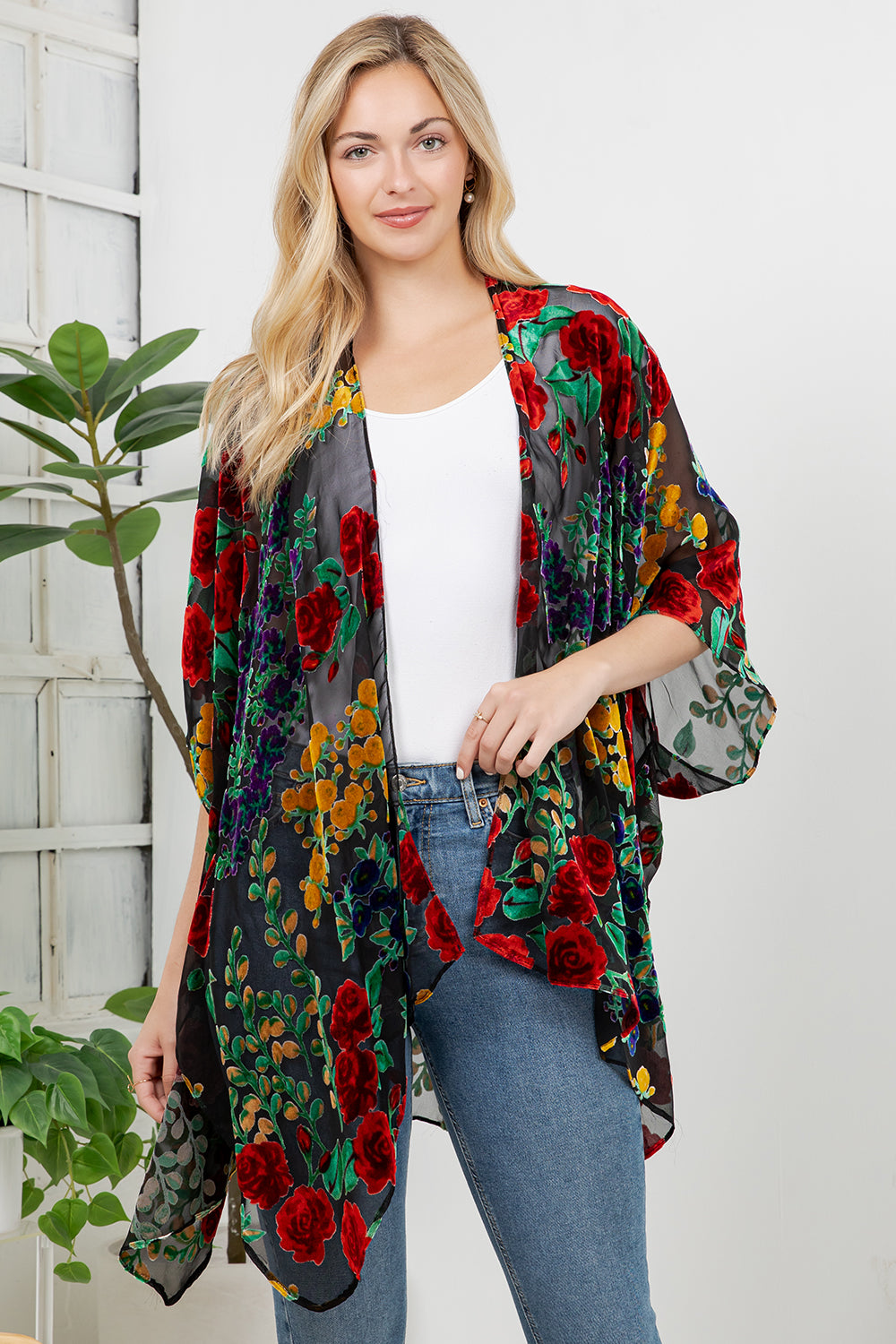 Vintage Floral Burnout Velvet Kimono