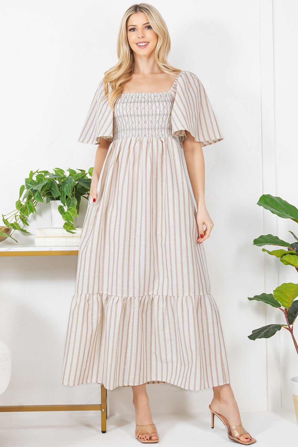 Stripe With Metallic Effect Print Maxi Dress