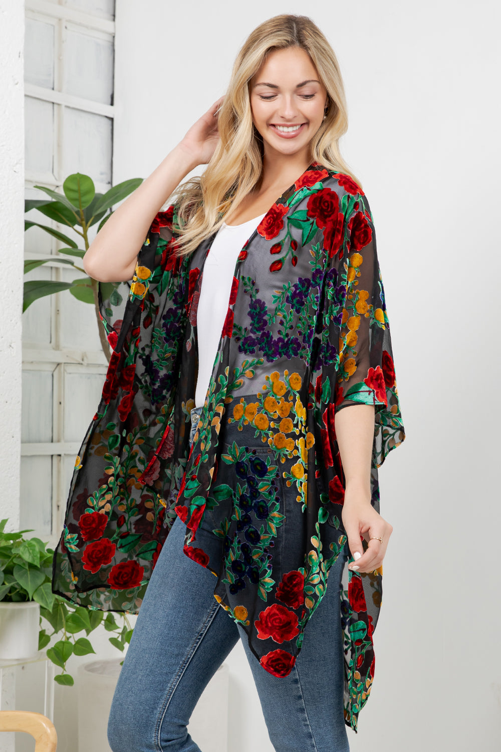 Vintage Floral Burnout Velvet Kimono