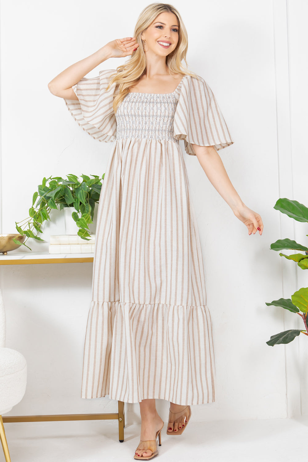 Stripe With Metallic Effect Print Maxi Dress