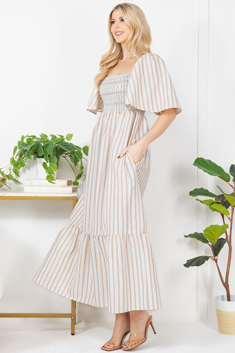 Stripe With Metallic Effect Print Maxi Dress