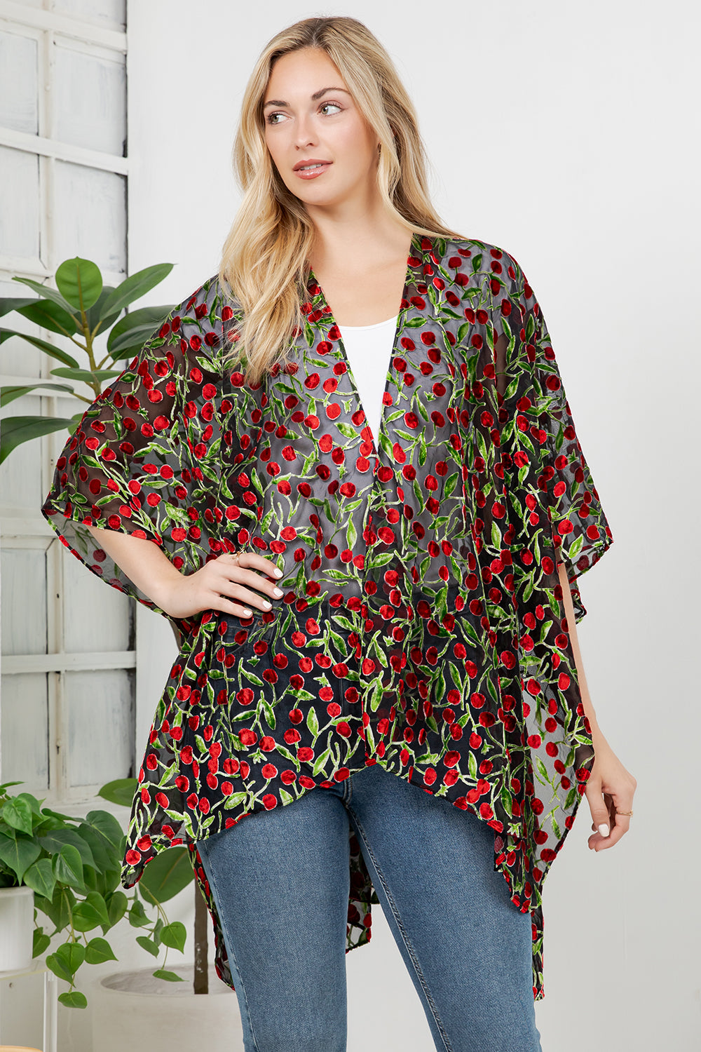 Cherry Burnout Velvet Kimono