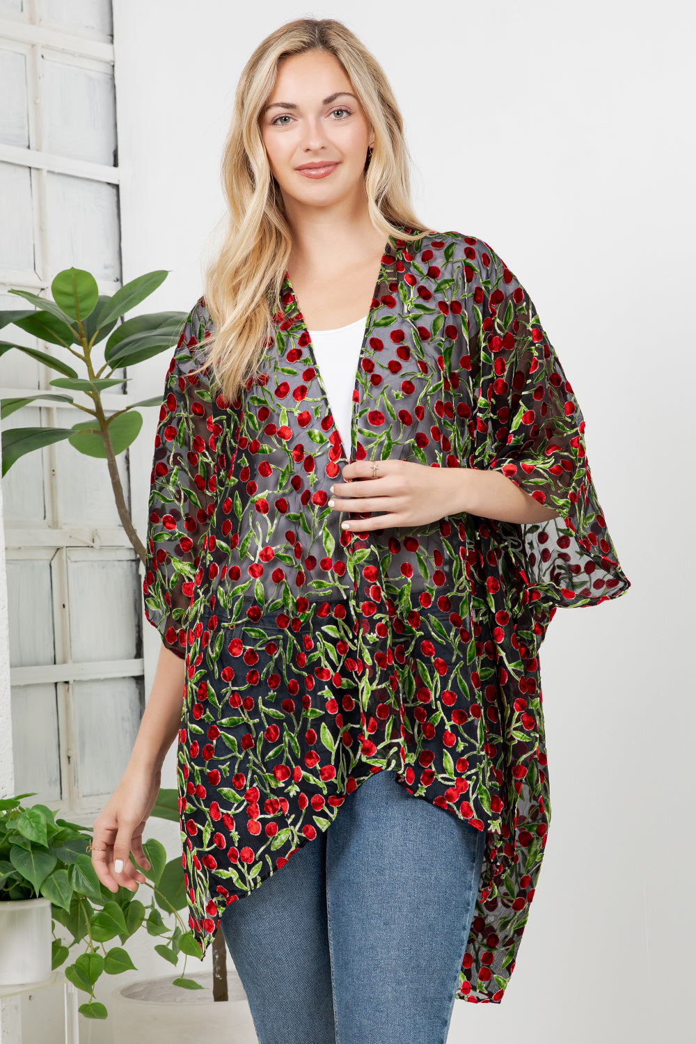 Cherry Burnout Velvet Kimono