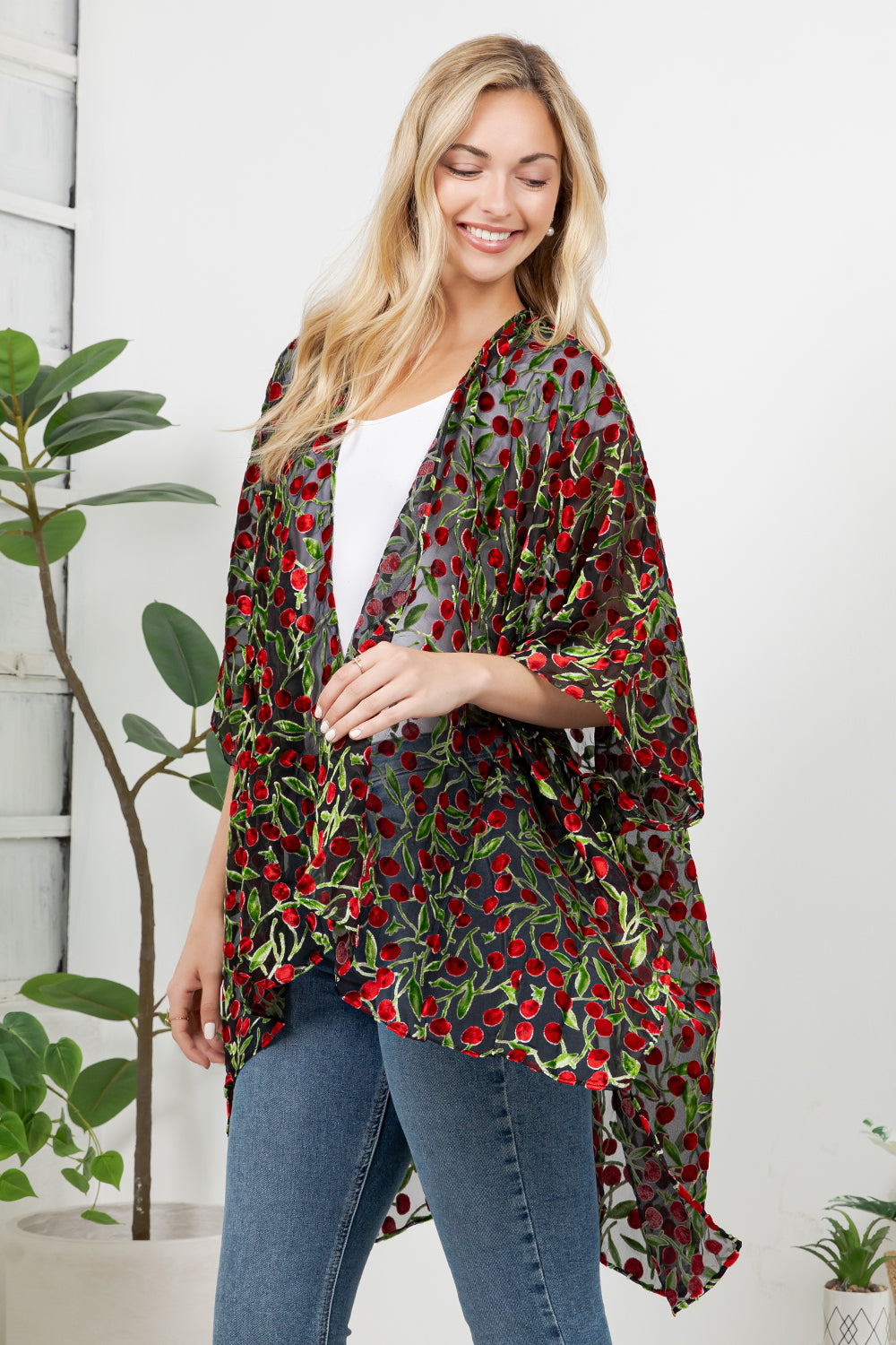 Cherry Burnout Velvet Kimono
