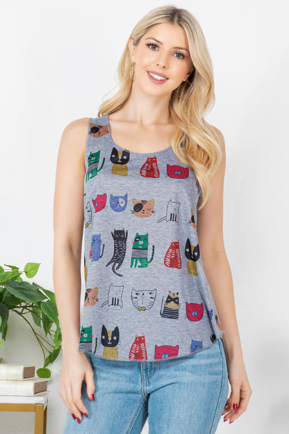 Playful Cat Print Graphic Tanktop