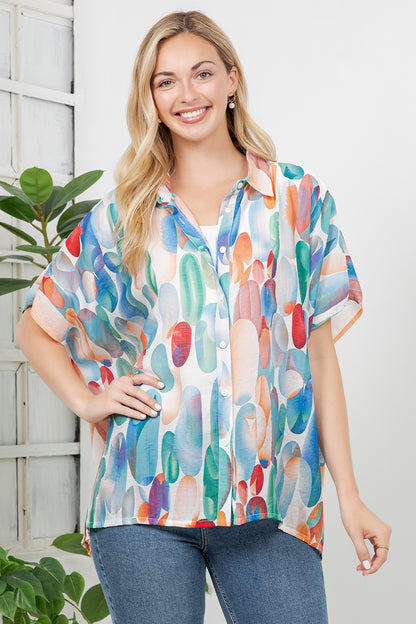 Colorful Water Paint Print Loose Shirt