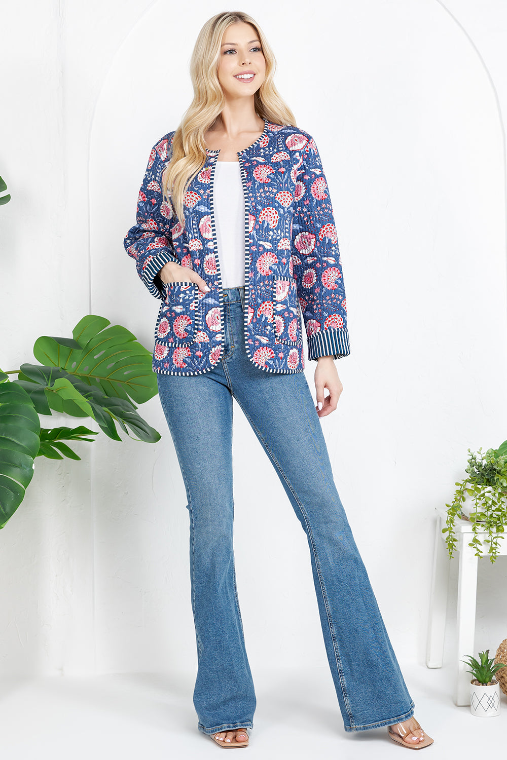 Floral Quilted Cotton Jacket - Blue