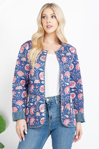 Floral Quilted Cotton Jacket - Blue